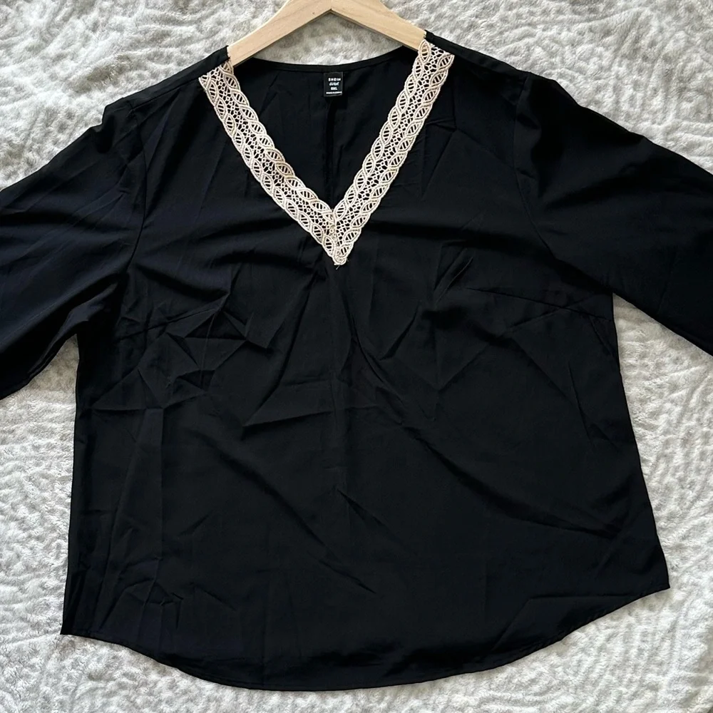 SHEIN CURVE CONTRAST LACE LONG-SLEEVE BLOUSE BLACK/TAN 0XL WOMEN - Picture 8 of 15